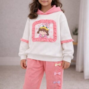 ترنج بناتي شتوي قطعتين "محير" - هودي برسمة كرتون وبنطلون بفيونكات (موف وبينك)